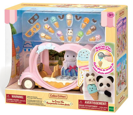 Ice Cream Van toy set with pink van, rotating wheels, ice cream cones, and accessories for imaginative play.