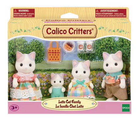 Latte Cat Family with father, mother, girl, baby figures in colorful outfits plus drinks, waffle, and shopping bag accessories.