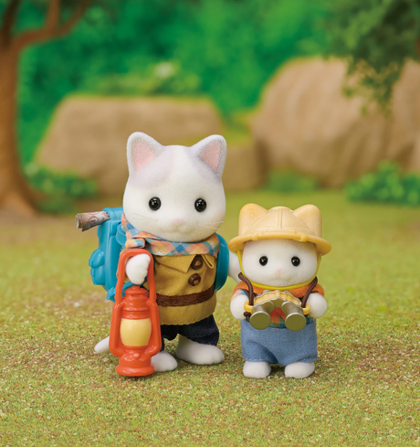Exciting Exploration Set with two flocked Latte Cats in hiking outfits holding lantern and binoculars outdoors.