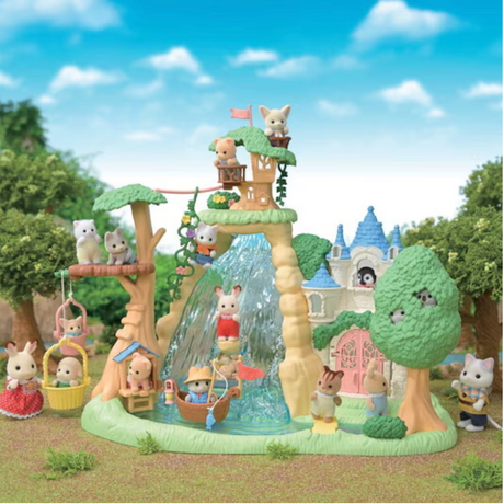 Secret Forest Falls playset with animal figures, waterfall, treehouse, boat, and adventure accessories for imaginative play.