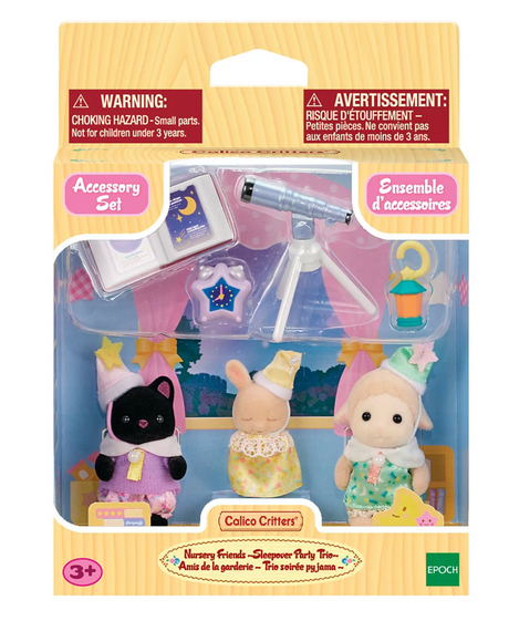 Nursery Friends Sleepover Party Trio with three babies, telescope, constellation book, and accessories for imaginative play.