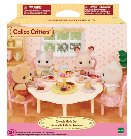 Sweets Party Set with colorful table, chairs, latte art, cakes, and 30 teatime accessories for kids 3+