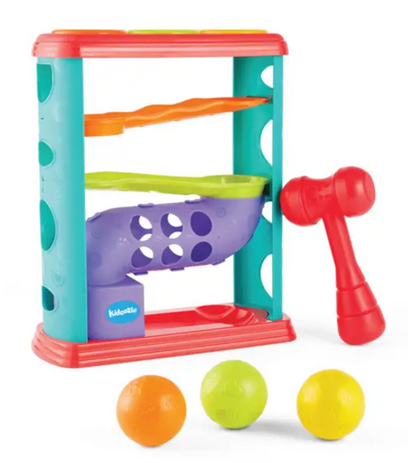 Pound A Ball Tower with colorful balls and hammer, designed for toddler play to develop hand-eye coordination.