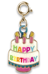 Gold Birthday Cake Charm with colorful Happy Birthday design and three pink candles for festive celebrations age 3+