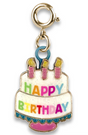 Gold Birthday Cake Charm with colorful Happy Birthday design and three pink candles for festive celebrations age 3+