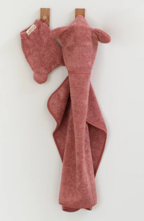 Hooded Towel + Wash Mitt Set | Watermelon in cozy terry fabric with cute ears, perfect for baby bath time.