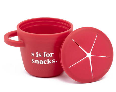 Happy Snacker | S is for Snack red silicone snack cup with snap-tight lid and easy-grip handle for toddlers.