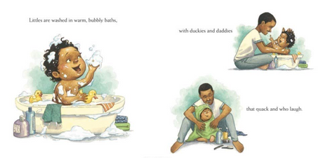 Illustration from Littles and How They Grow showing a baby in a bubbly bath and playful moments with dad.
