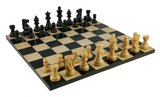 Chess Set Black French Chessmen featuring black and maple pieces on a 14" black/maple veneer chess board.