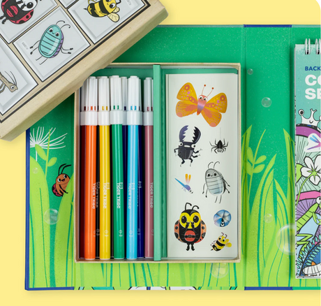 Coloring Set | Backyard Bugs with vibrant markers, illustrated bug stickers, and activity book in magnetic storage box.