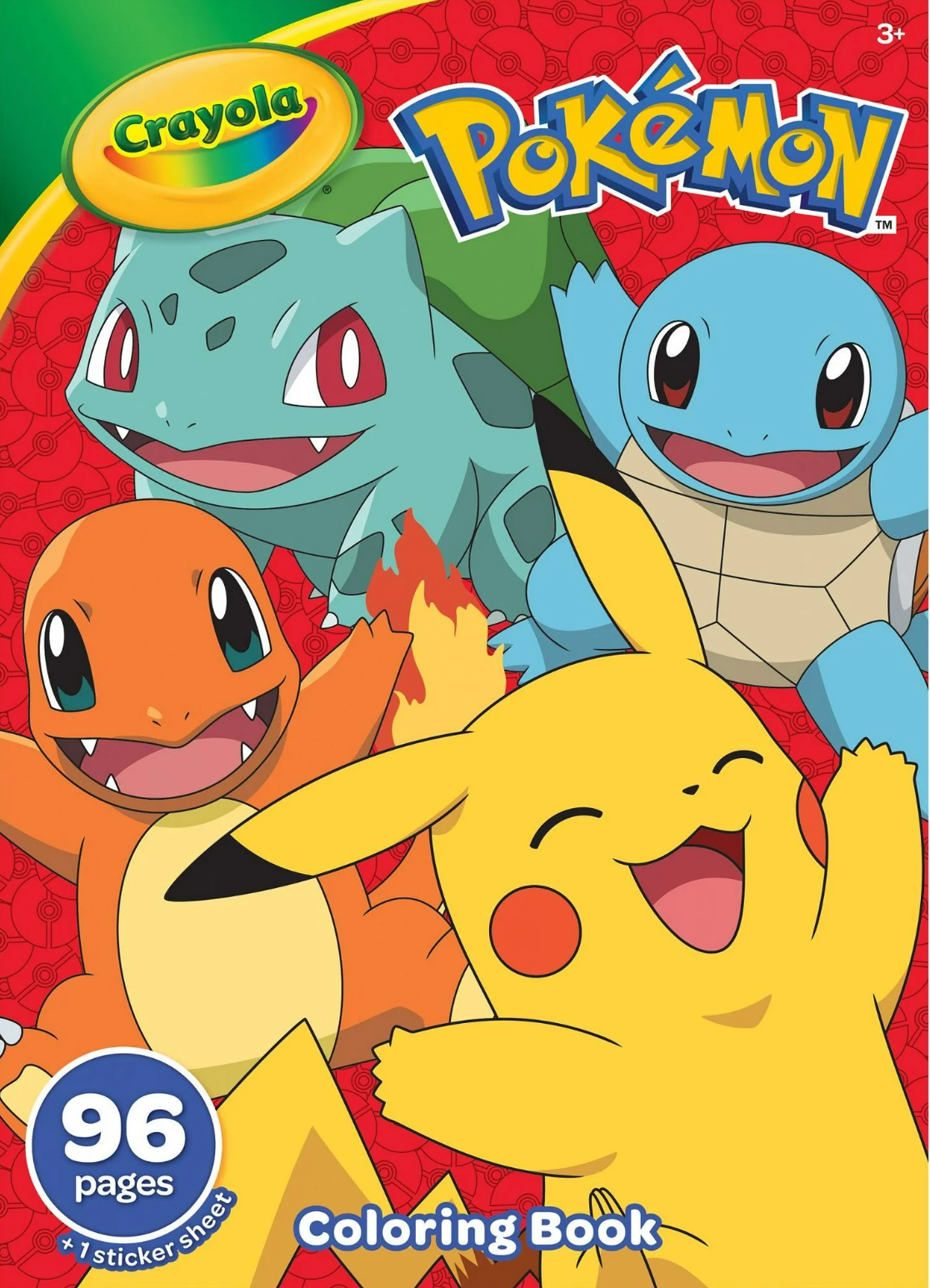Pokemon Coloring Book with Stickers featuring Pikachu, Charmander, Bulbasaur, and Squirtle on a red cover by Crayola.