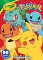 Pokemon Coloring Book with Stickers featuring Pikachu, Charmander, Bulbasaur, and Squirtle on a red cover by Crayola.