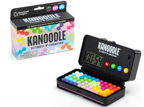 Kanoodle Ultimate Champion puzzle game with colorful pieces, timer, and 500 challenges for brain training and fun.