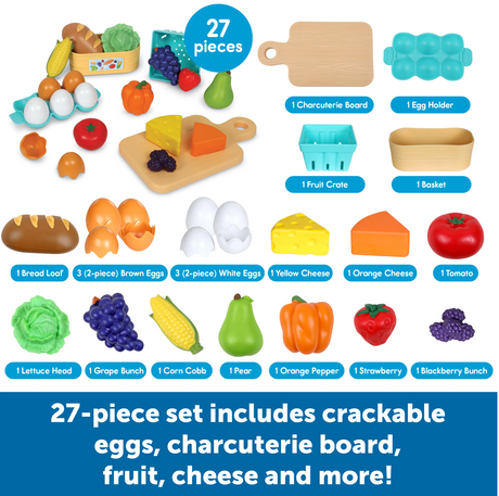 Farm to Table Fresh Market 27-piece play food set with crackable eggs, charcuterie board, fruits, cheese, and vegetables for kids.