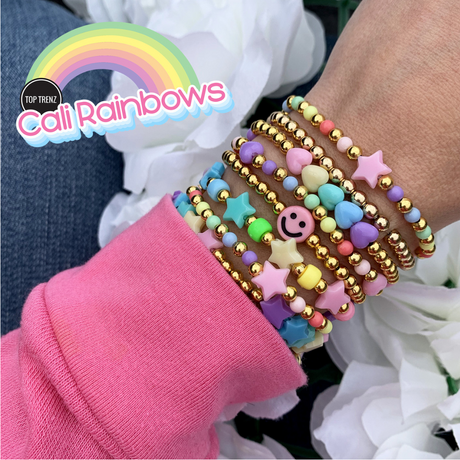Cali Rainbows Beaded Stretch Bracelets featuring colorful beads, charms, and a stretchy, stackable design.