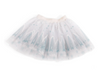 Winter Wonderland Tutu in white with icy blue snowflake print and soft felt waistband for size 4-6 girls.