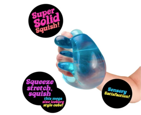 NeeDoh Nice Berg blue squishy sensory cube being squeezed, perfect for stress relief and focus.