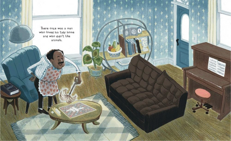 Illustration from The Man Who Didn't Like Animals showing a man in a cozy living room with a cat and piano.