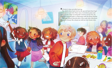Illustration from Stacey Speaks Up showing diverse children excited for TacoPizza FryDay lunch at school.