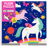 25pc Unicorn Magic Floor Puzzle with colorful unicorns, stars, planets, and 6 shaped pieces on a rainbow space background.