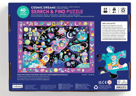 64pc Cosmic Dreams Search & Find Puzzle with cosmic cats, rocket adventures, and over 40 spacetime things to find.