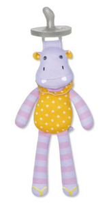 Organic Hippo Coco Pacifier Buddy with striped arms and legs, yellow polka dot body, made from organic cotton.
