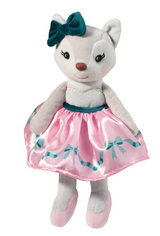 Ballerina Fox Clara plush toy wearing a pink tutu with teal ribbons and a matching bow, smiling with rosy cheeks.