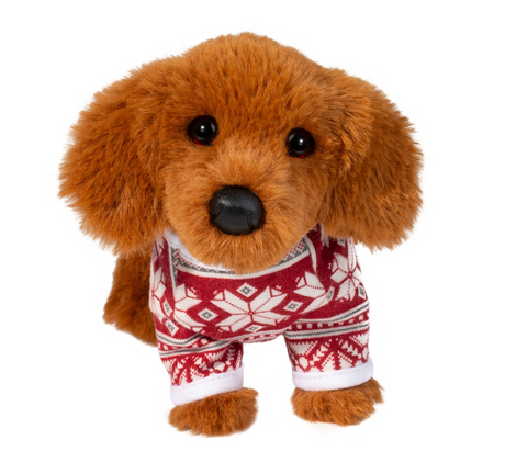 Dachshund in Sweater plush toy with soft russet fur wearing a festive red, white, and gray snowflake sweater.