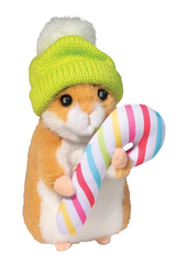 Hamster in Winter Hat plush toy wearing lime green hat and holding colorful candy cane for holiday decor.