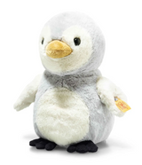 Penguin Lio plush toy with grey and white body, yellow beak, and black feet, a soft cuddly companion for kids.