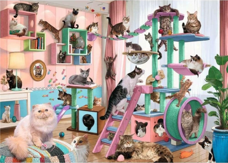 1000pc Cat Tree Heaven Puzzle showing a colorful cat tree with multiple playful cats in a cozy room setting.
