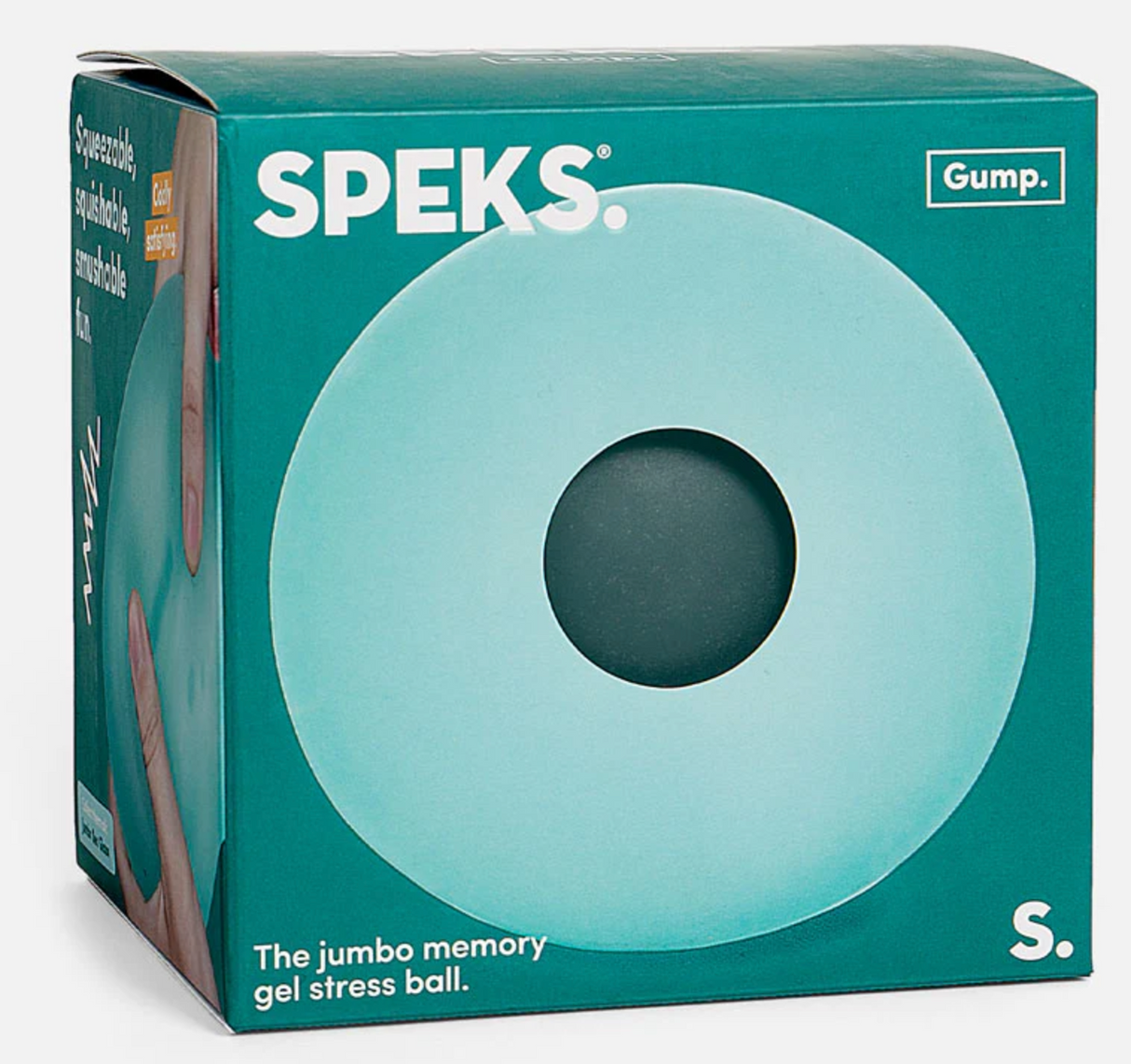 Speks. Gump Jumbo Sea jumbo memory gel stress ball in teal, soft and pliable for stress relief and hand exercise.