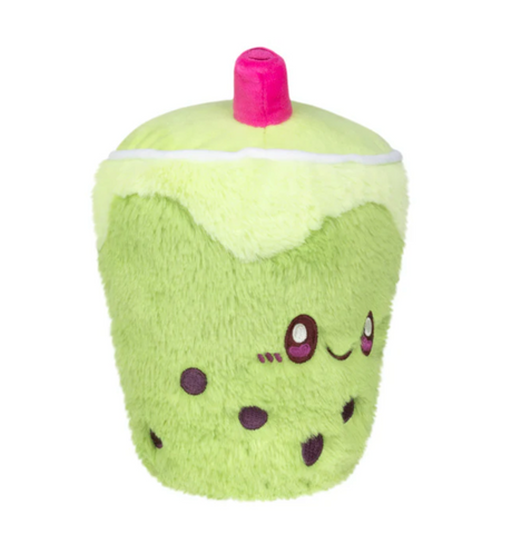 Soft plush green matcha bubble tea snackers with smiling face and pink straw, 4.5x4x7 inches, for all ages.
