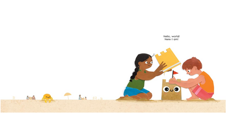 The Squish shows two children playing with a smiling sandcastle, capturing a playful and friendly moment.