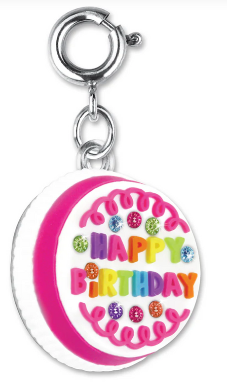 Confetti Cake Charm featuring a colorful happy birthday cake design with pink icing and decorative gems.