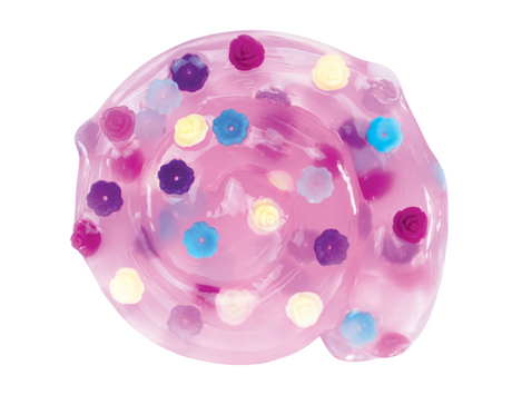 Blooming Botanicals Thinking Putty with colorful flower charms in pink translucent putty, changing color in sunlight.
