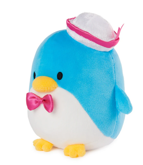 Tuxedosam plush toy, a 6-inch blue penguin with white sailor hat and pink bowtie, soft and cuddly Sanrio collectible.