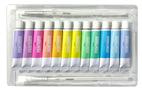 Paintology Acrylic Paints | Pastels set with 12 pastel acrylic paint tubes and 2 brushes in soft hues for artists.