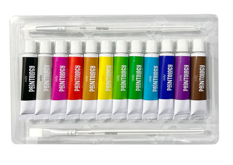 Paintology Acrylic Paints | Classic set of 12 vibrant acrylic paint tubes with two brushes for creative art projects.