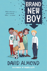 Illustration of diverse kids with a new boy standing apart on the cover of Brand New Boy by David Almond.