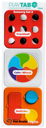 PlayTab modular sensory toy tiles featuring trackball, color wheel, and switches for fine motor skill development.