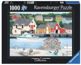 1000pc Fisherman's Cove Puzzle featuring a colorful harbor scene with boats and seaside cottages.