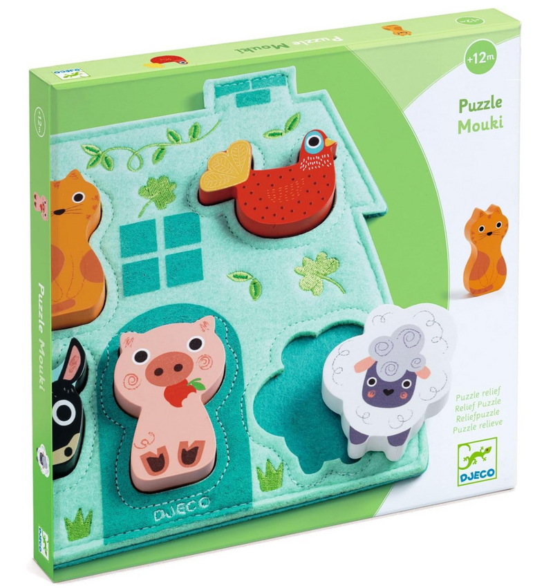 5pc Mouki Puzzle featuring five colorful wooden farm animals on a soft felt base for toddlers 12 months and older