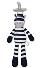 Organic Ziggy Zebra Pacifier Buddy made from soft organic cotton with a plush zebra design and attached pacifier holder.