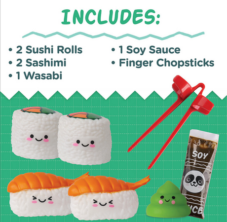 Foodie Fidgets Sushi Tray with 2 sushi rolls, 2 sashimi, wasabi, soy sauce, and finger chopsticks squishy toys.