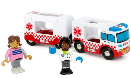 BRIO World 36035 Rescue Ambulance toy set with ambulance, passenger wagon, and two characters for imaginative play.