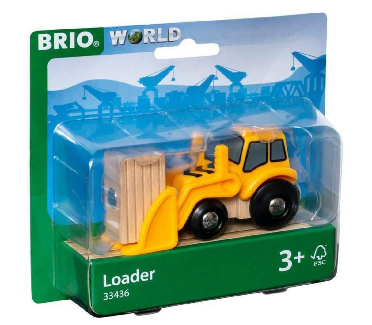 Loader toy front-loader construction vehicle lifting wooden load in BRIO World playset packaging for ages 3 and up.