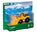 Loader toy front-loader construction vehicle lifting wooden load in BRIO World playset packaging for ages 3 and up.