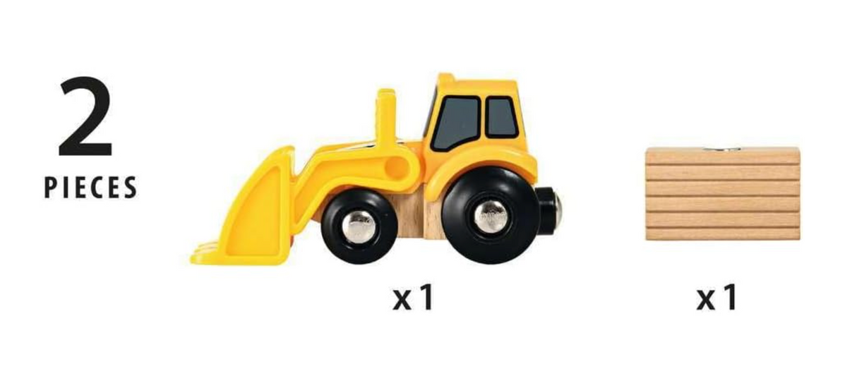 Loader toy with yellow front-loader vehicle and wooden load for BRIO World railway system play set.