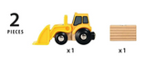 Loader toy with yellow front-loader vehicle and wooden load for BRIO World railway system play set.